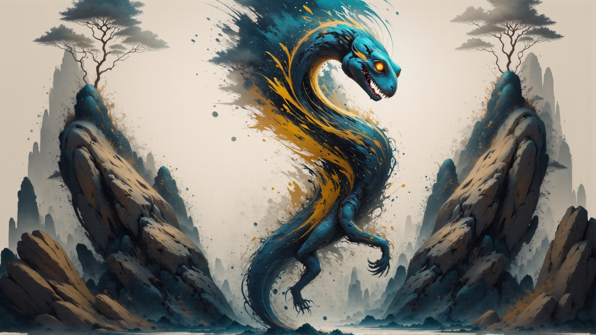 AI generated wallpaper featuring dragon, mountains, trees