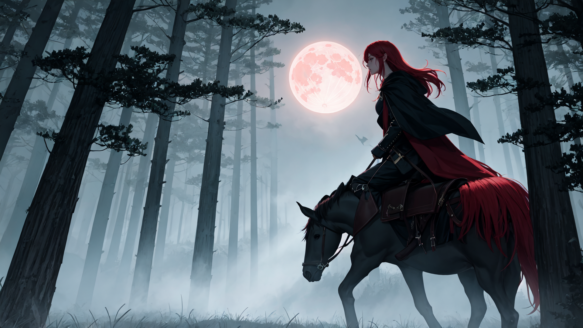 AI generated wallpaper featuring woman, horse, forest, moon