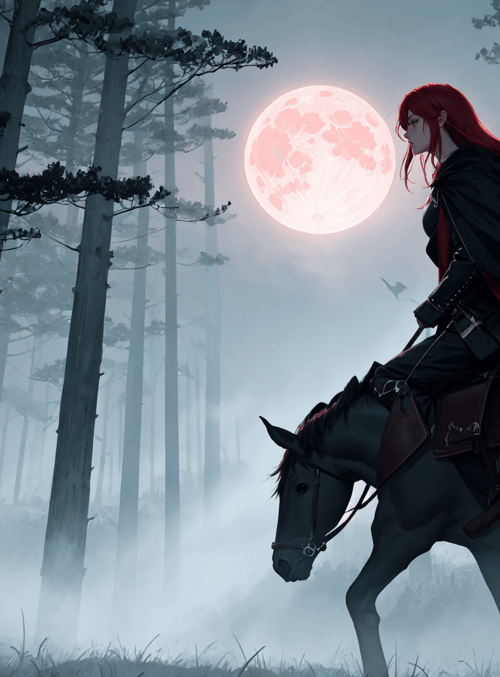woman, horse, forest, moon