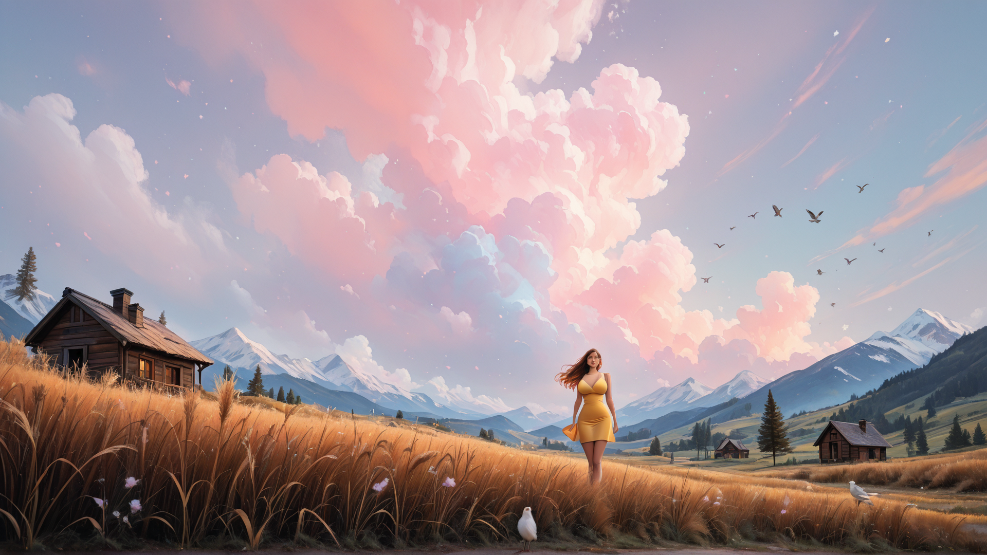 AI generated wallpaper featuring woman, house, mountains