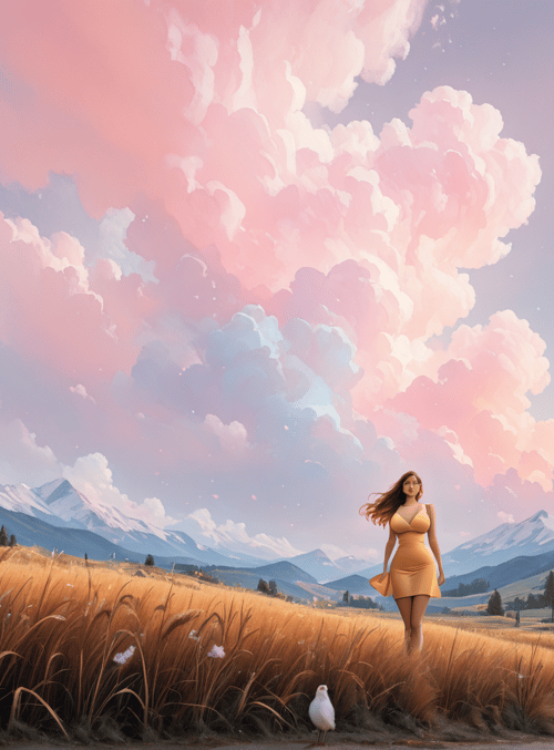 woman, house, mountains