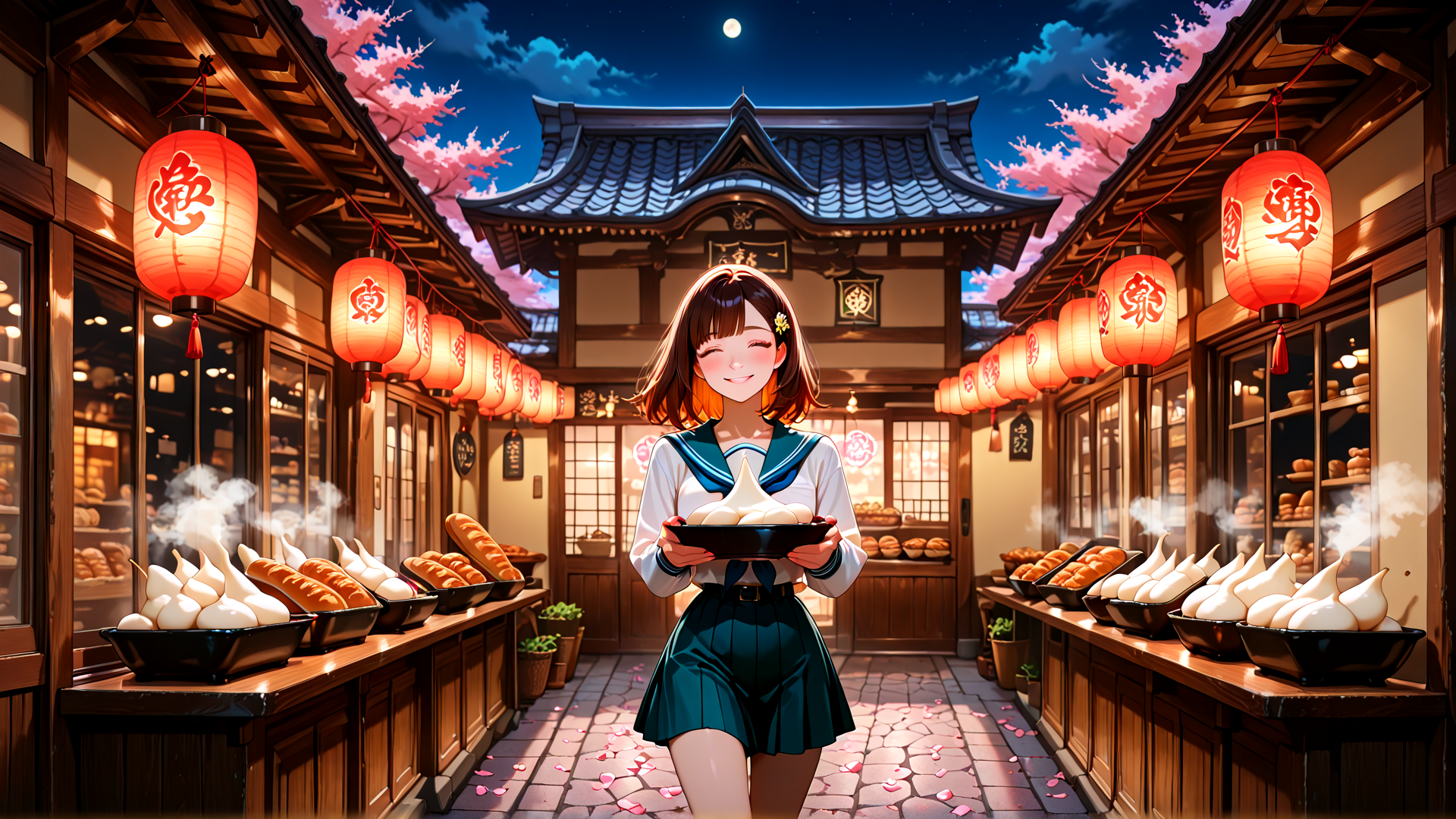 AI generated wallpaper featuring girl, lantern, bakery, cherry blossom, traditional building, bread, mochi, bowl, sailor uniform, night