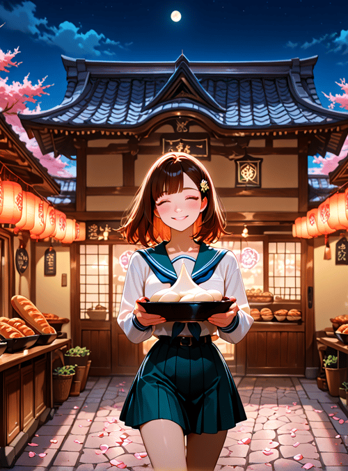girl, lantern, bakery, cherry blossom, traditional building, bread, mochi, bowl, sailor uniform, night