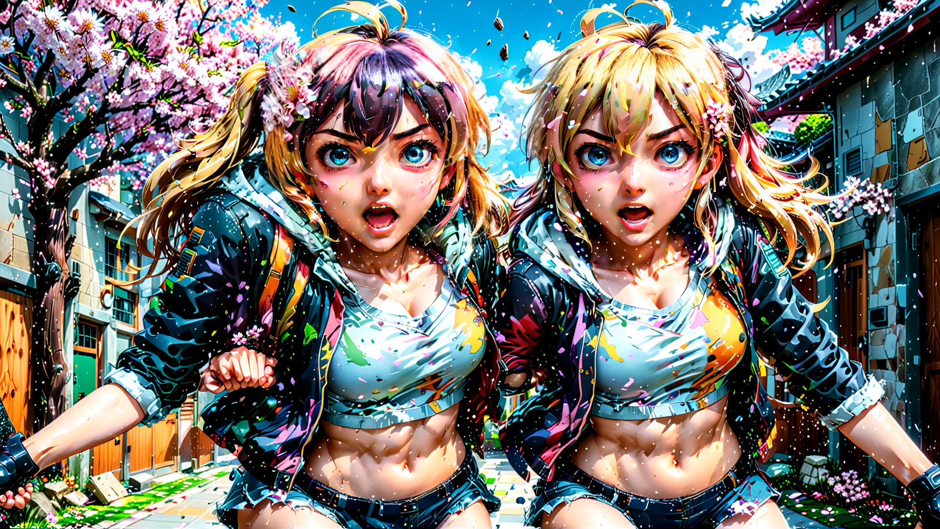 AI generated wallpaper featuring girls, cherry blossoms, street