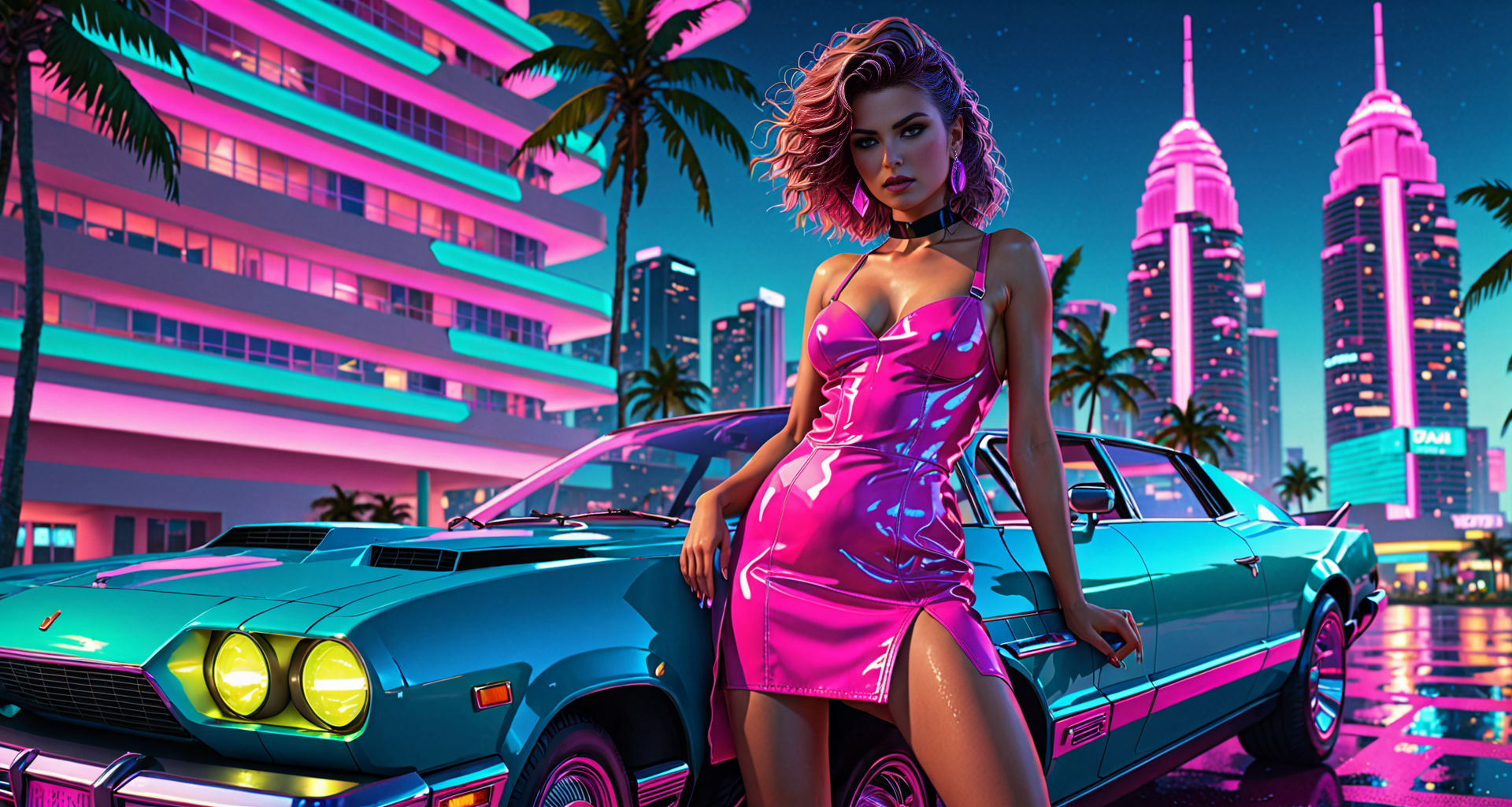 AI generated wallpaper featuring woman, car, city