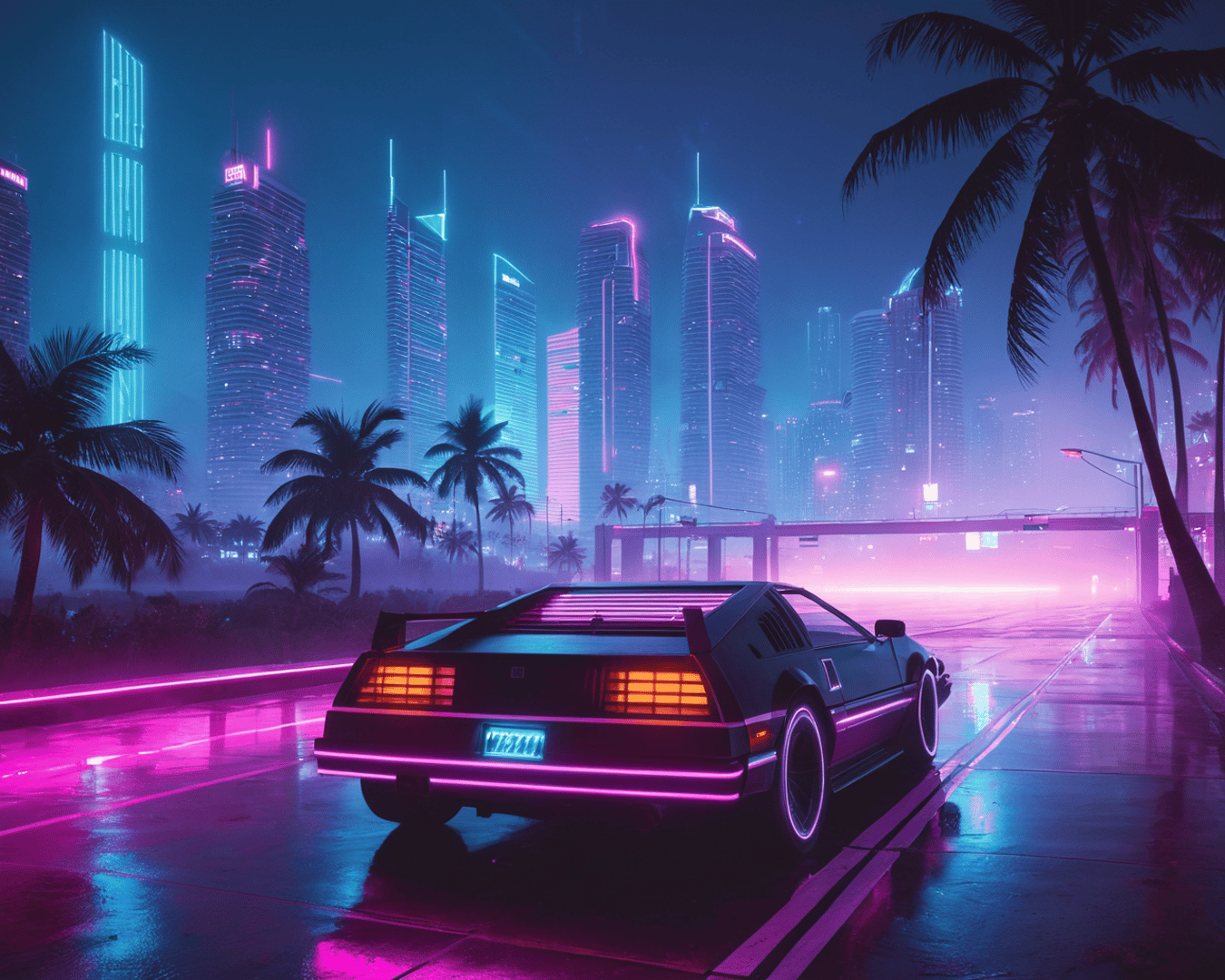 AI generated wallpaper featuring car, cityscape, palm trees