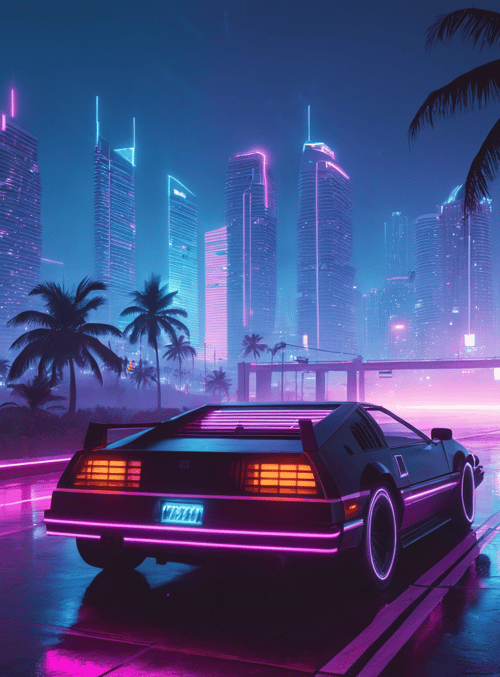 car, cityscape, palm trees