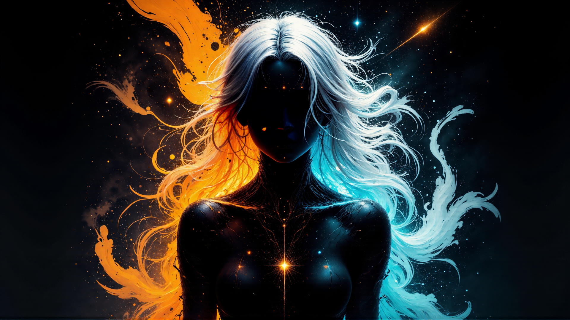 AI generated wallpaper featuring woman, hair, stars