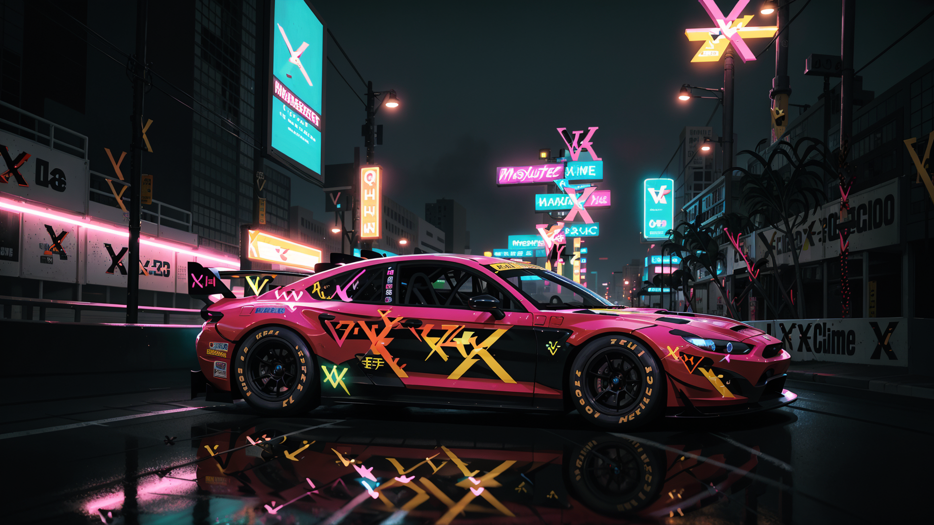 AI generated wallpaper featuring car, street, neon lights, city, signs, buildings, reflection, wet road, nightride, racing