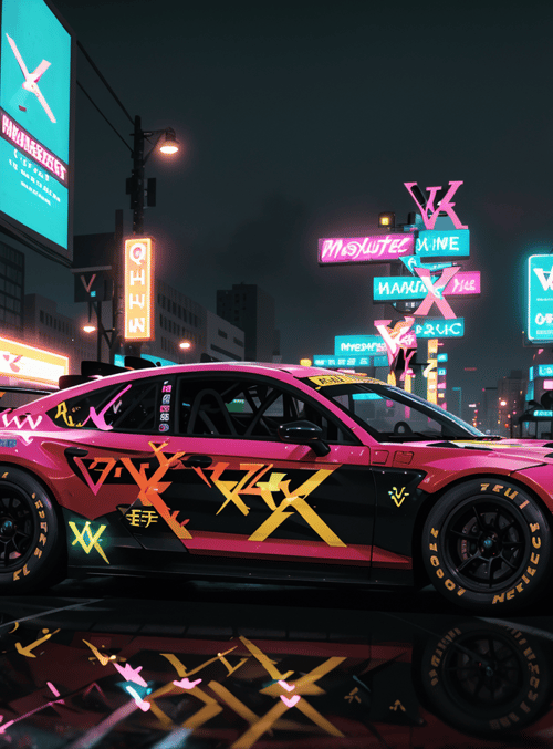 car, street, neon lights, city, signs, buildings, reflection, wet road, nightride, racing