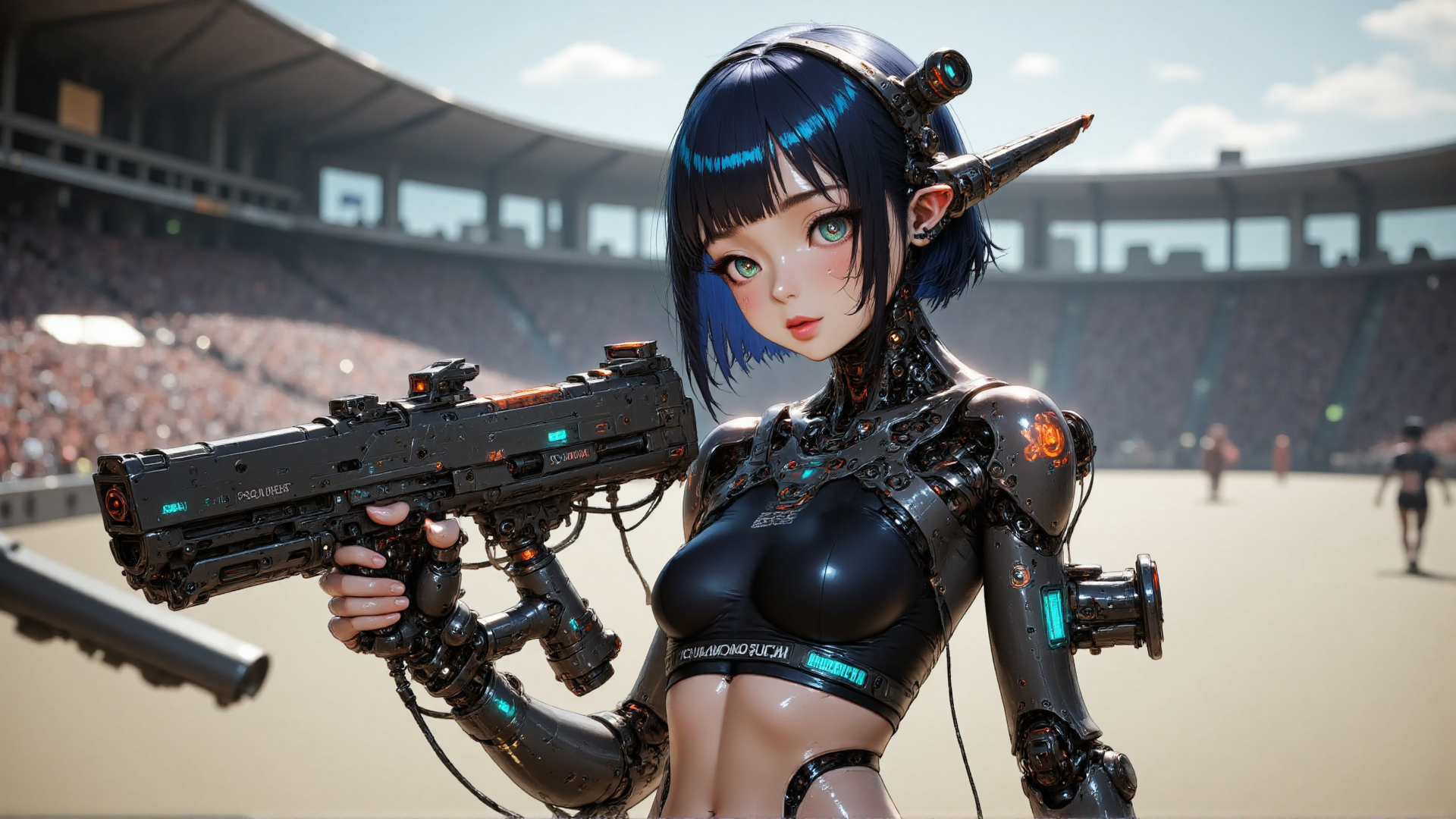 AI generated wallpaper featuring cyborg, girl, gun, stadium, robot