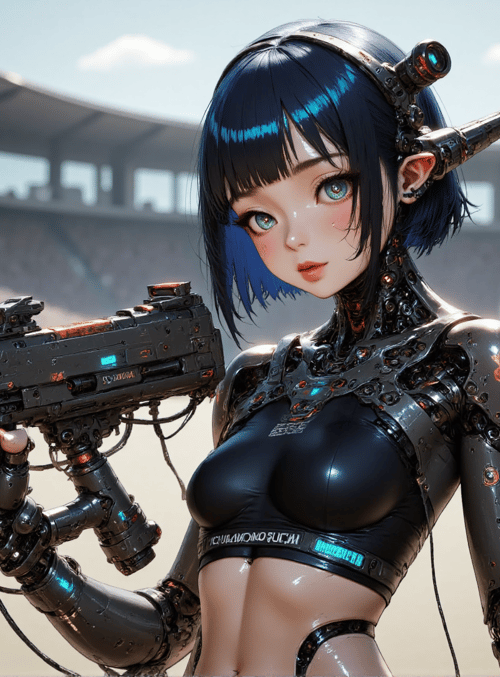 cyborg, girl, gun, stadium, robot