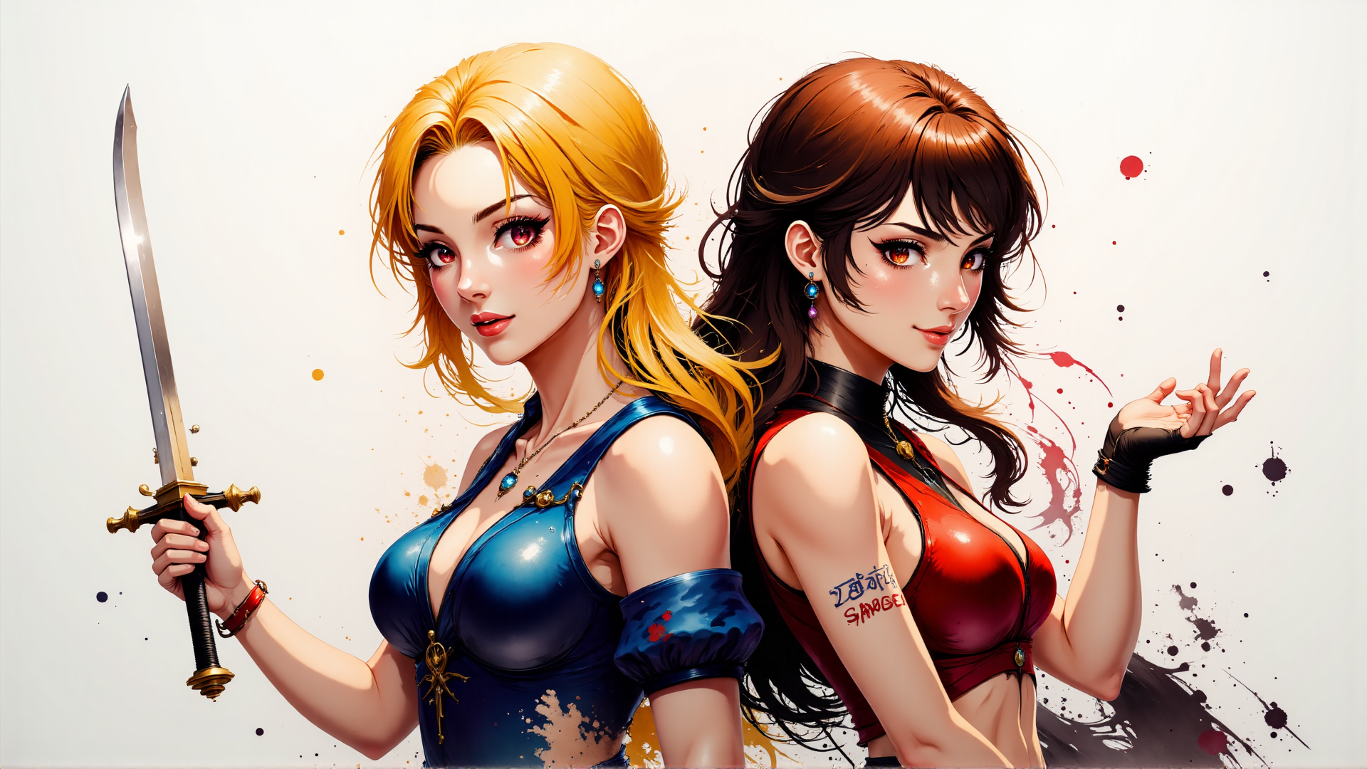 AI generated wallpaper featuring woman, sword, tattoo, earrings, gloves, necklace, splotches