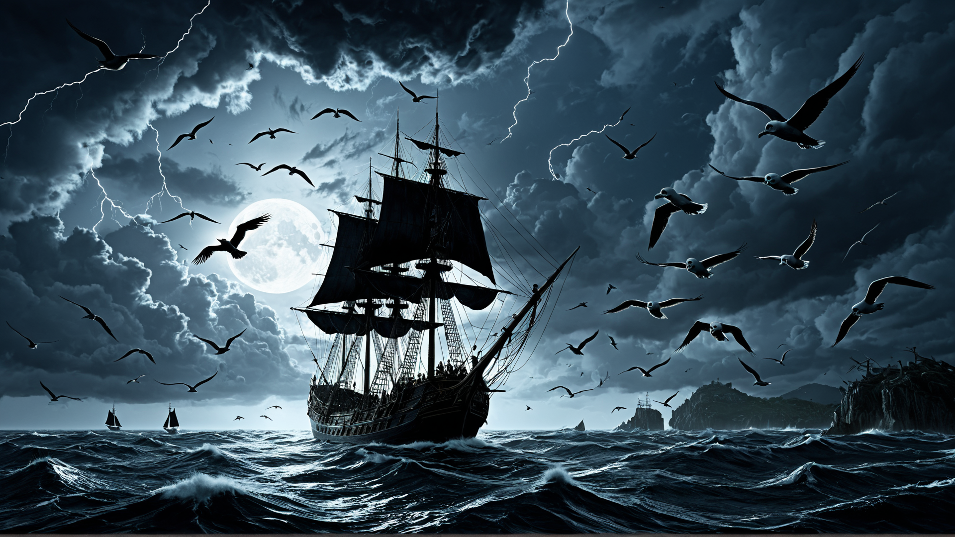 AI generated wallpaper featuring ship, seagulls, moon