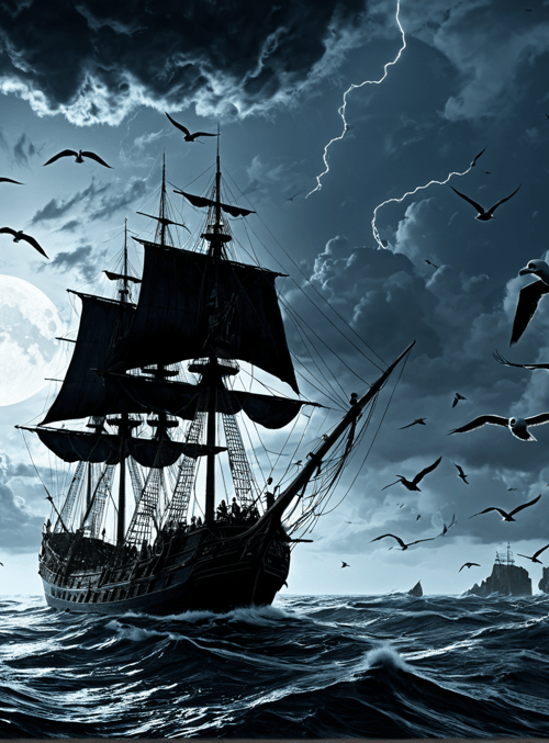 ship, seagulls, moon