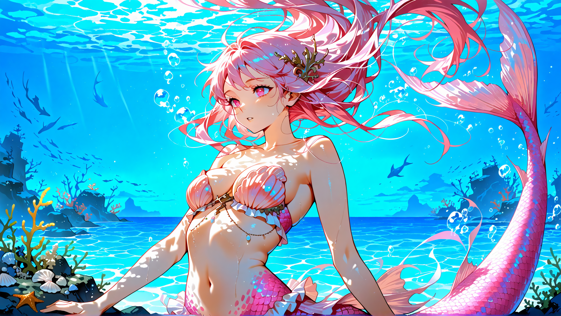 AI generated wallpaper featuring mermaid, fish, coral, seaweed, bubbles, starfish, sunlight, ocean, shells, water