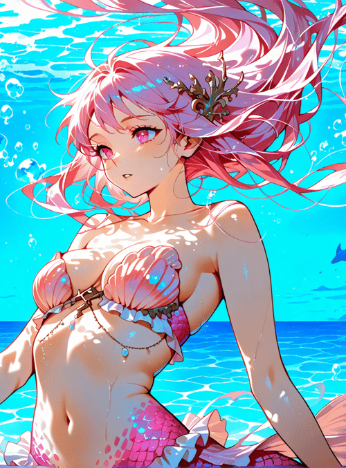 mermaid, fish, coral, seaweed, bubbles, starfish, sunlight, ocean, shells, water