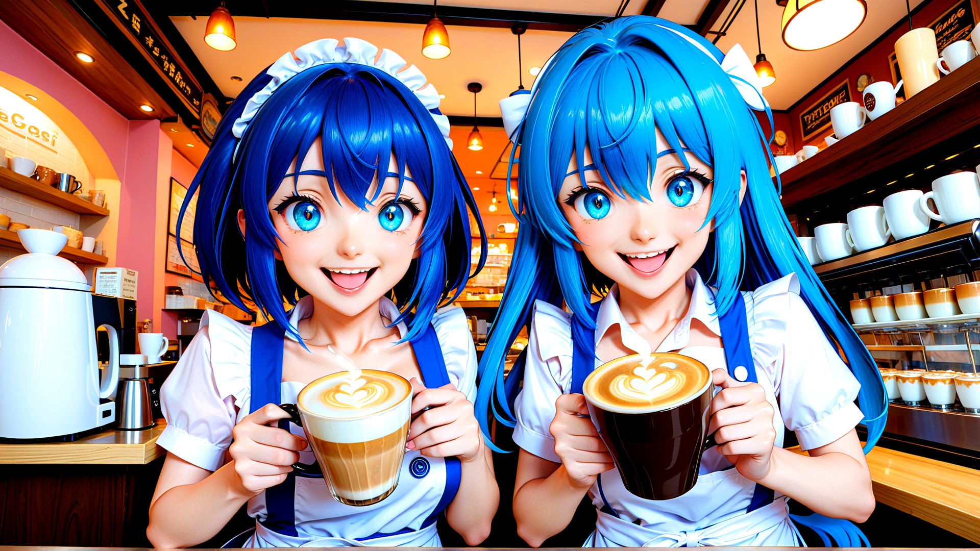 AI generated wallpaper featuring girls, baristas, coffee, cappuccino, latte, milk, cups, cafeteria, apron, hair