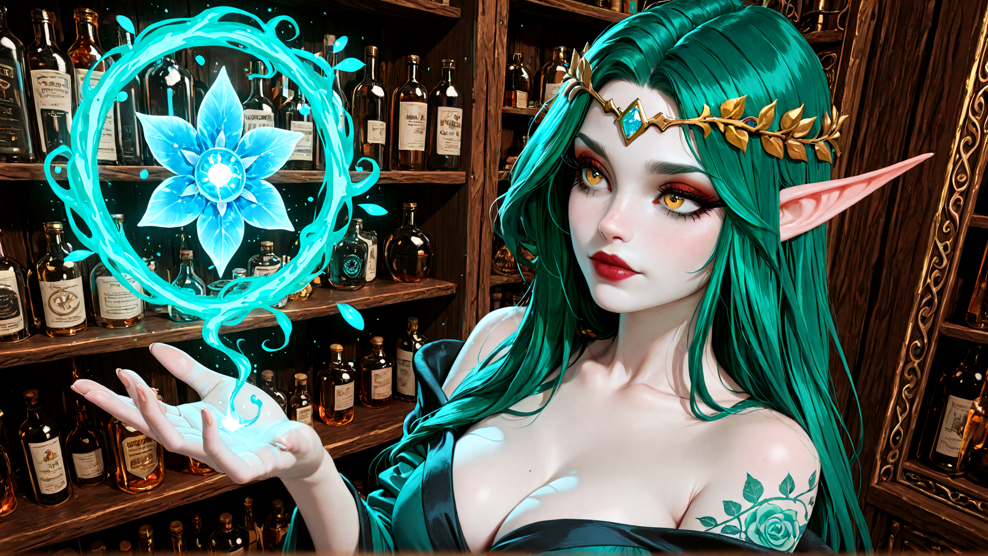 AI generated wallpaper featuring elf, woman, bottle, flower, magic, lotion, tattoo, shelf, wine, wineglass