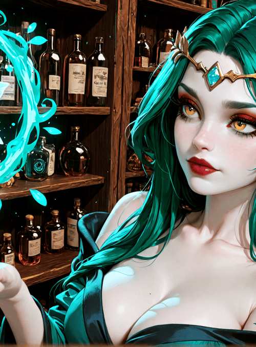 elf, woman, bottle, flower, magic, lotion, tattoo, shelf, wine, wineglass
