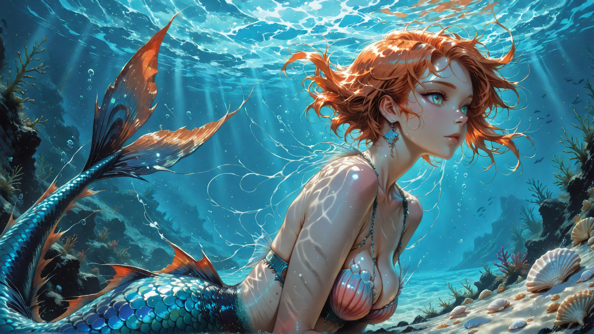AI generated wallpaper featuring mermaid, ocean, coral, seashells, sunlight, fish, water, scales, hair, bubbles