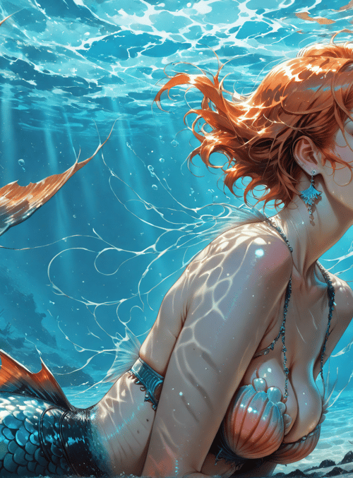 mermaid, ocean, coral, seashells, sunlight, fish, water, scales, hair, bubbles