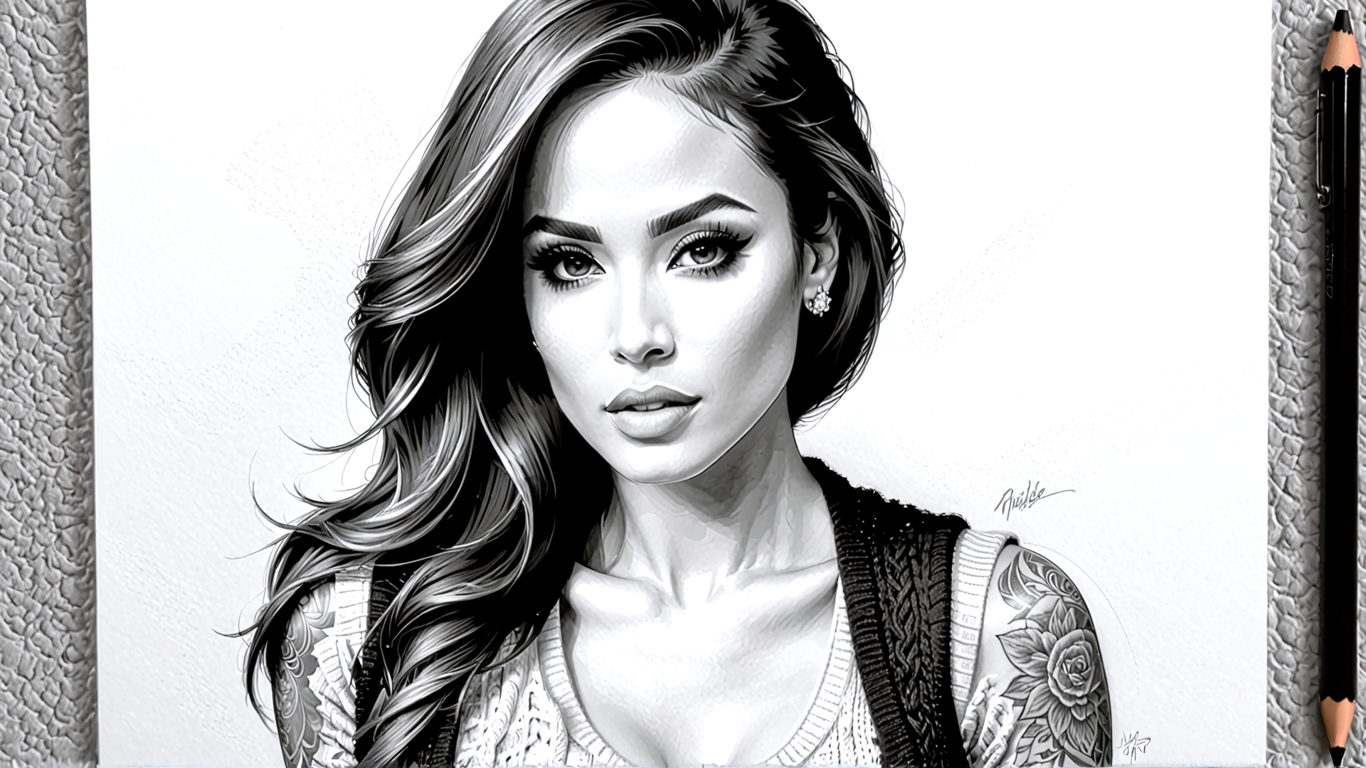 AI generated wallpaper featuring woman, tattoo, hair, earring, sketch, pencil