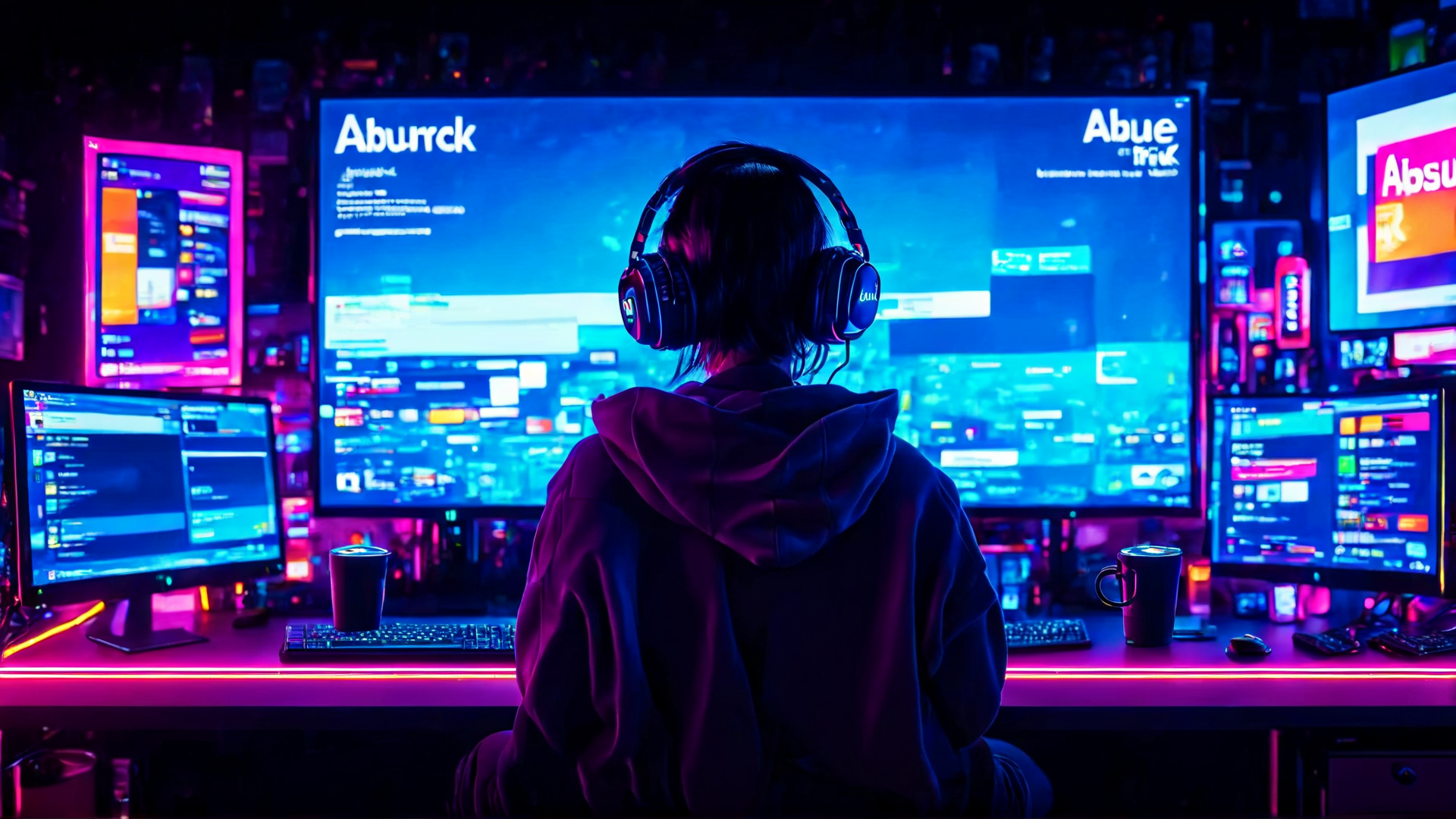 AI generated wallpaper featuring person, headphones, monitor, computer, keyboard, cup, gaming, desk, neon, screens