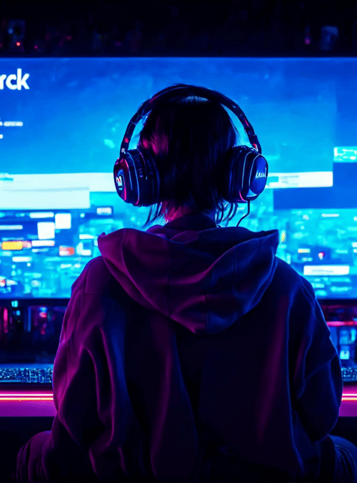 person, headphones, monitor, computer, keyboard, cup, gaming, desk, neon, screens