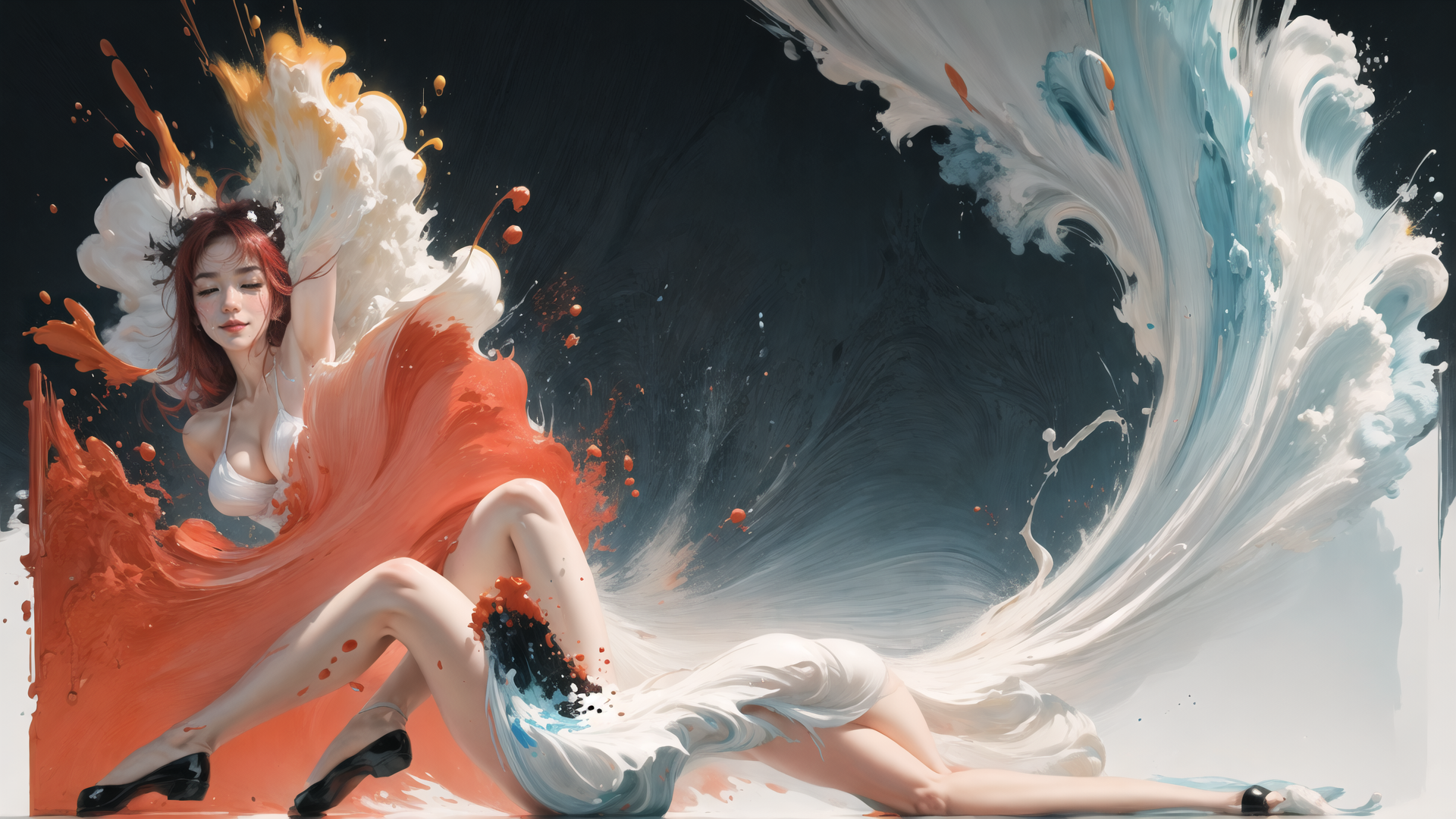 AI generated wallpaper featuring woman, paint, wave