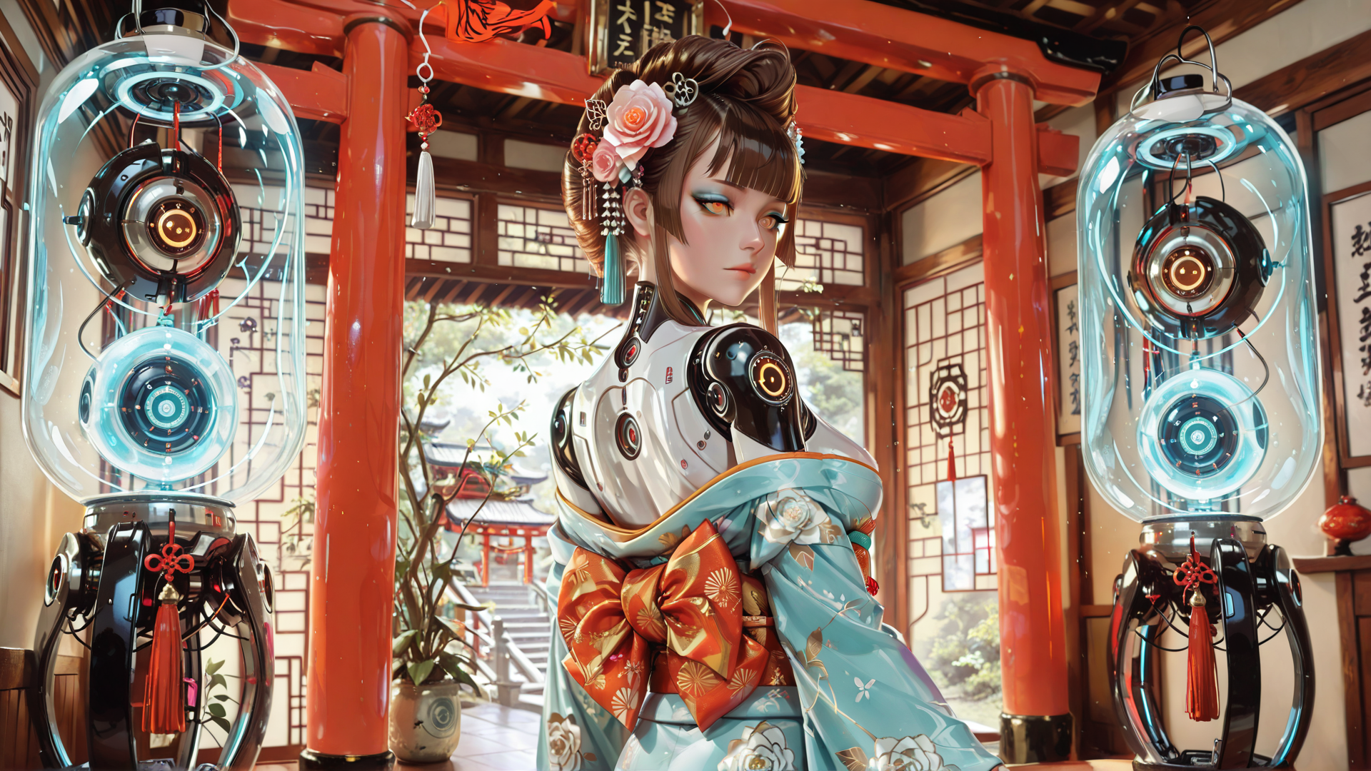AI generated wallpaper featuring robot, woman, kimono, lantern, garden, traditional, architecture, decor, cherry blossom, robotic