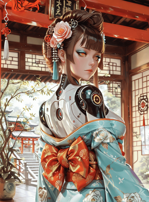 robot, woman, kimono, lantern, garden, traditional, architecture, decor, cherry blossom, robotic