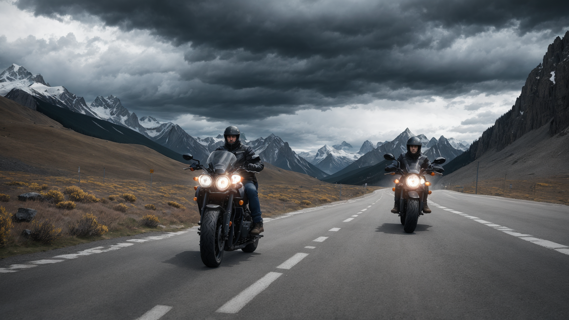 AI generated wallpaper featuring motorcycle, rider, mountains