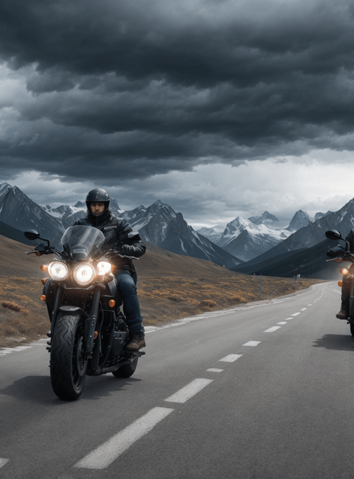 motorcycle, rider, mountains