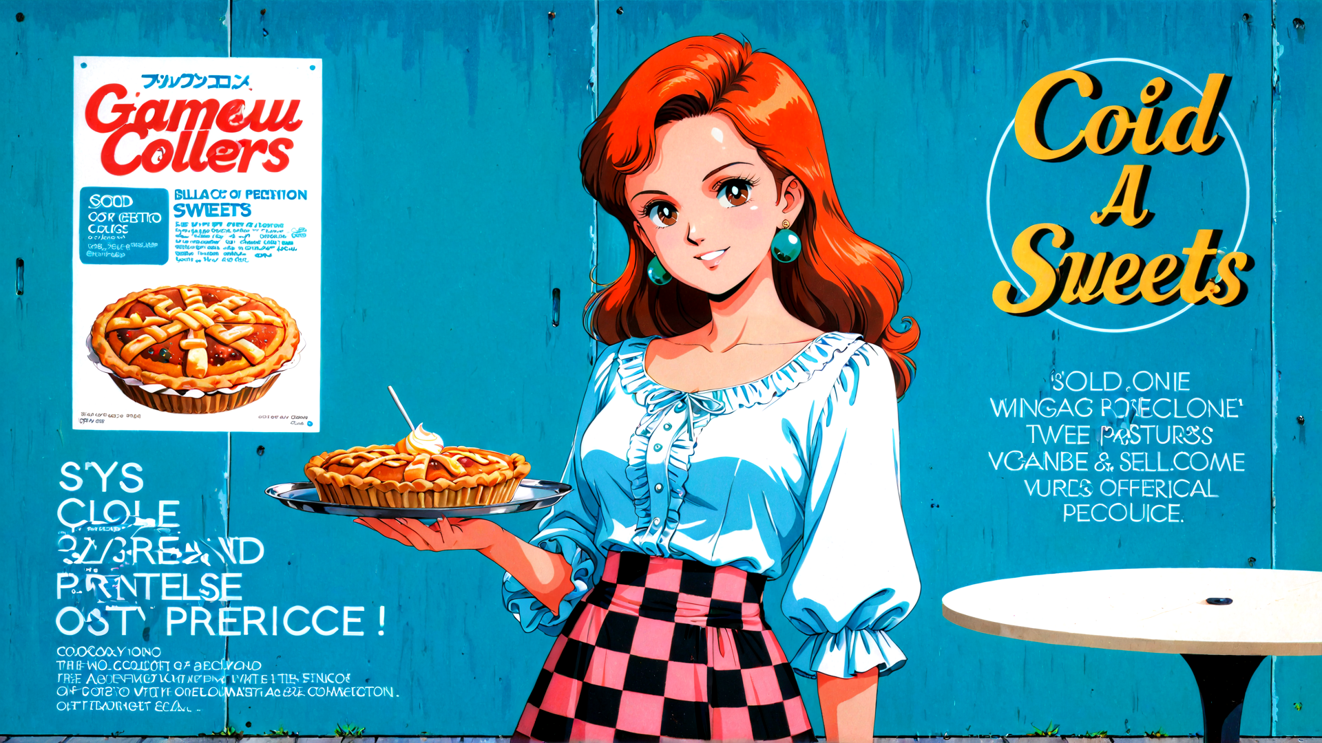 AI generated wallpaper featuring woman, pie, poster, advertisement, sign, tray, table