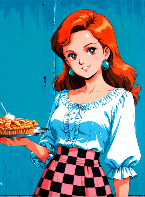 woman, pie, poster, advertisement, sign, tray, table