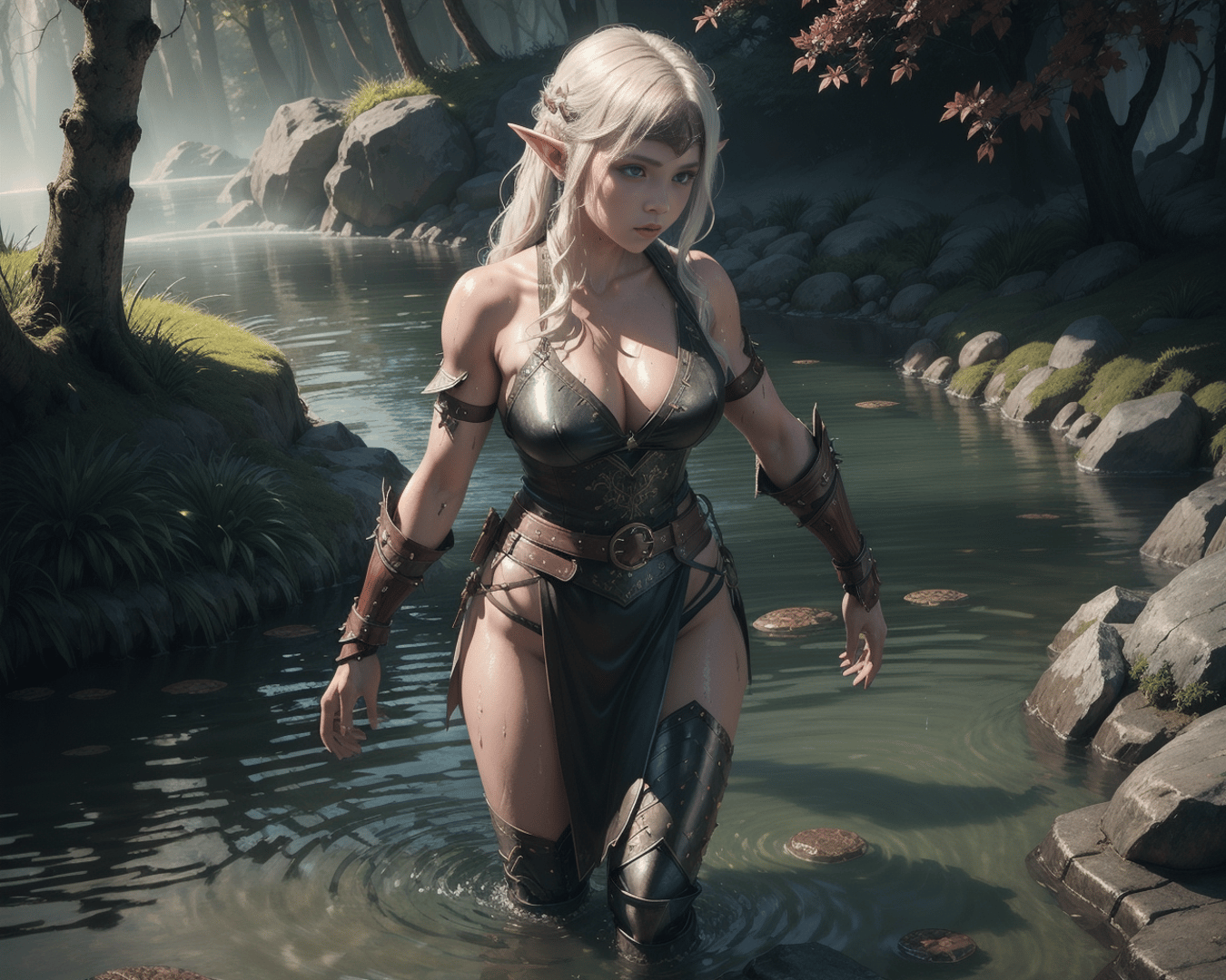 AI generated wallpaper featuring elf, warrior, woman