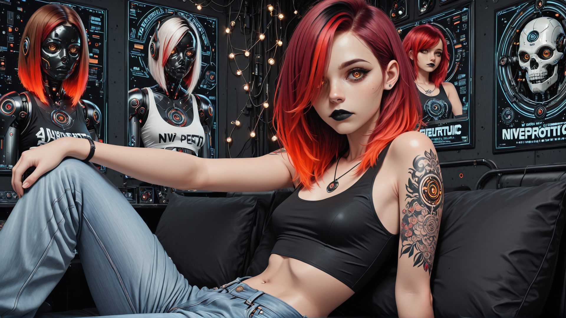 AI generated wallpaper featuring cyberpunk, woman, robot, tattoo, sitting