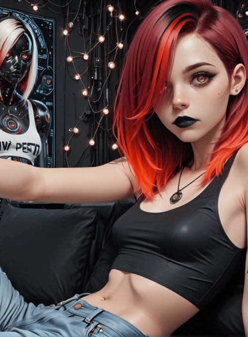 cyberpunk, woman, robot, tattoo, sitting