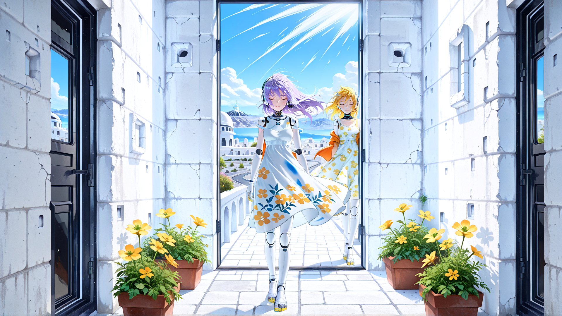 AI generated wallpaper featuring anime, girls, dresses, flowers, door, sunlight, robots, buildings, potted plants, sky