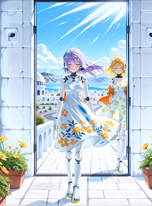 anime, girls, dresses, flowers, door, sunlight, robots, buildings, potted plants, sky