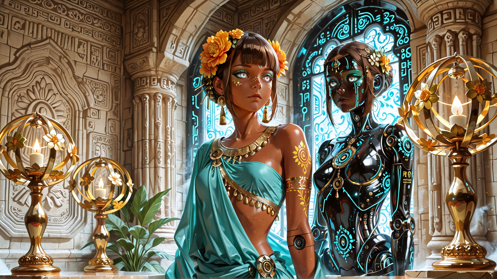 AI generated wallpaper featuring woman, robot, candle, globe, flower, solar, ancient, arch, stained glass, ornament