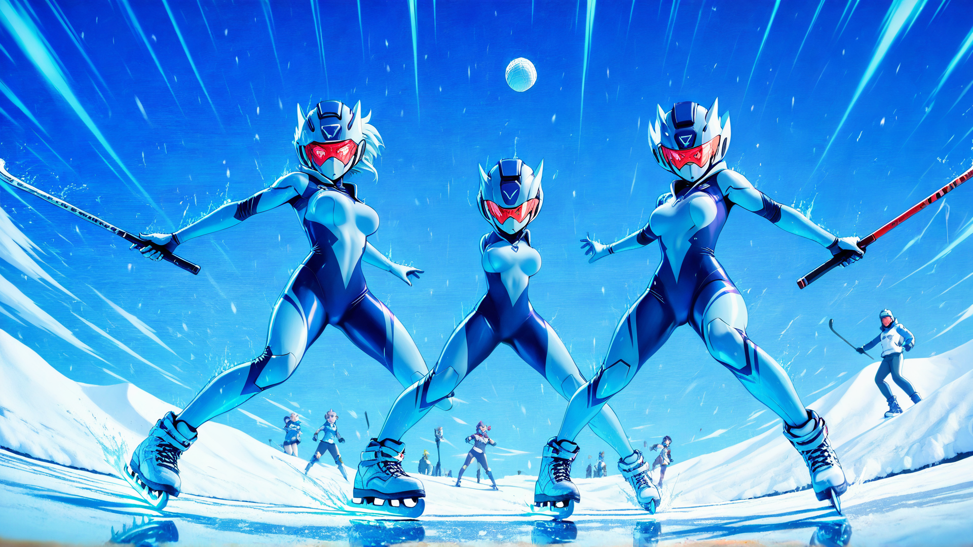 AI generated wallpaper featuring skaters, hockey players, futuristic, characters, ice rink, sled, sledding, snow, winter sports