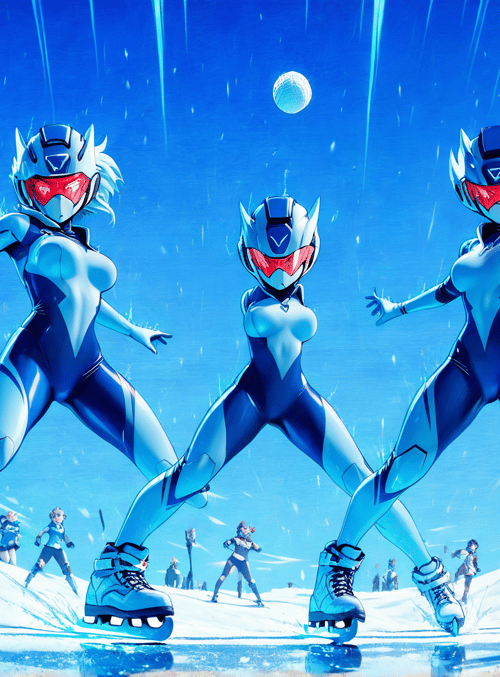 skaters, hockey players, futuristic, characters, ice rink, sled, sledding, snow, winter sports