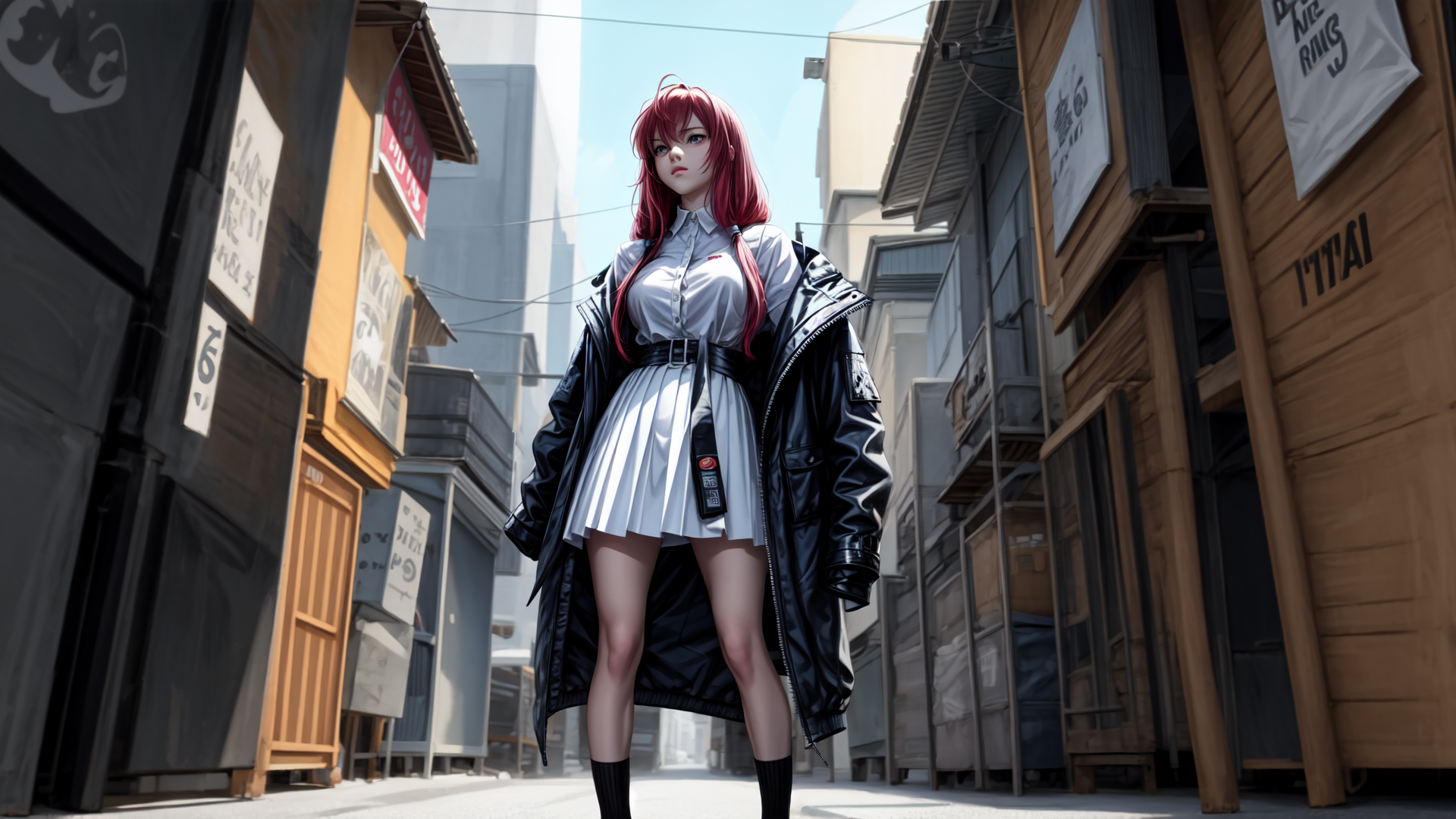AI generated wallpaper featuring anime girl, red hair, school uniform, black leather jacket, alleyway, buildings