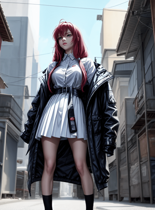anime girl, red hair, school uniform, black leather jacket, alleyway, buildings