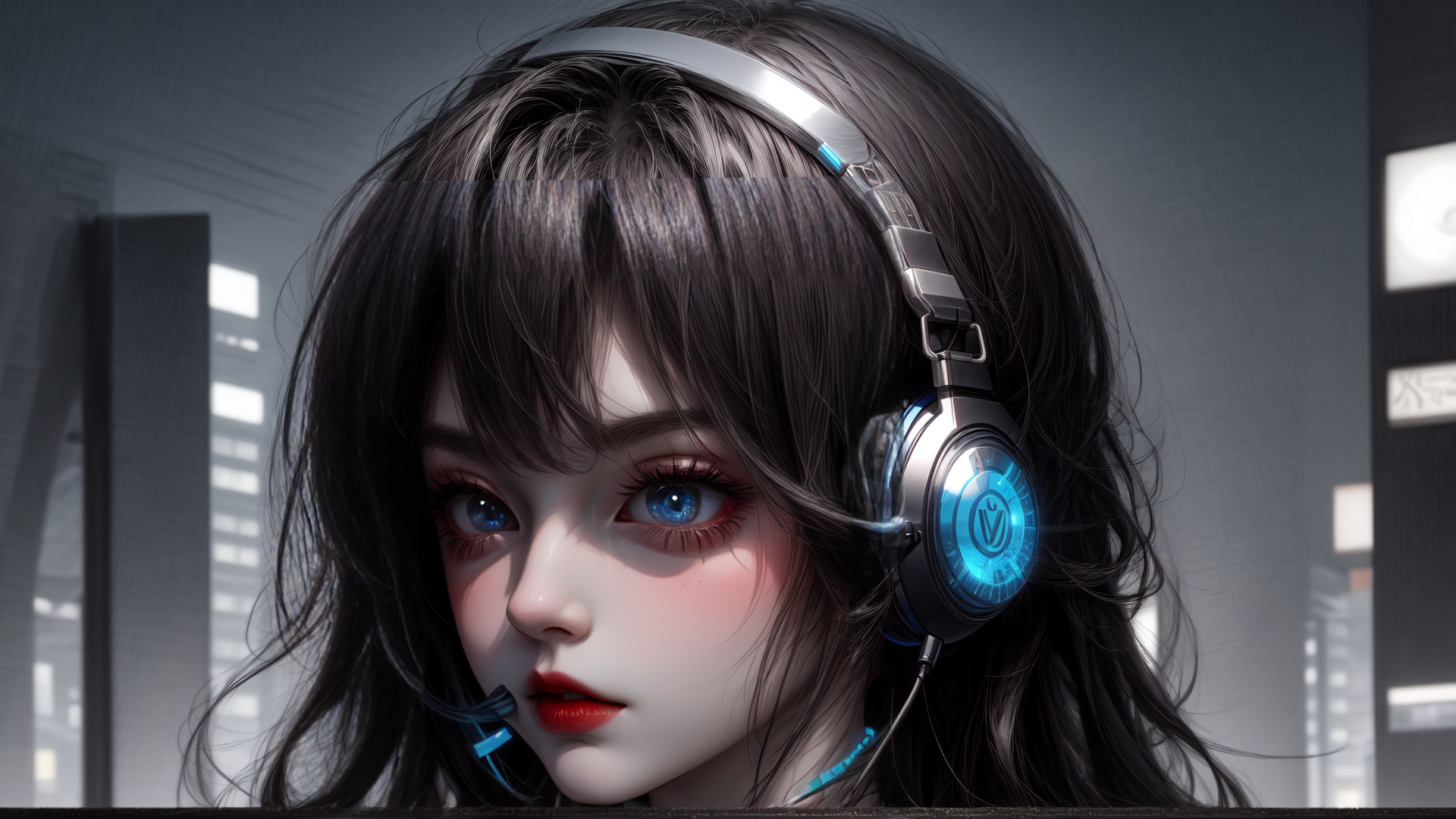 AI generated wallpaper featuring girl, headphones, mic
