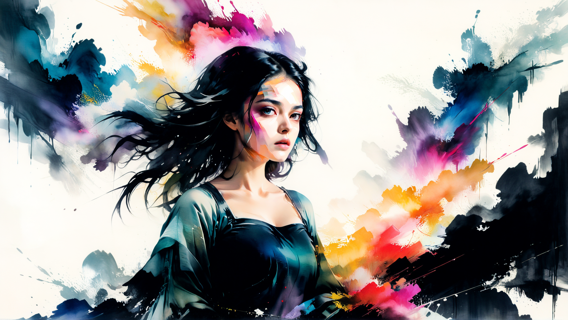 AI generated wallpaper featuring woman, painting, art, figure, hair