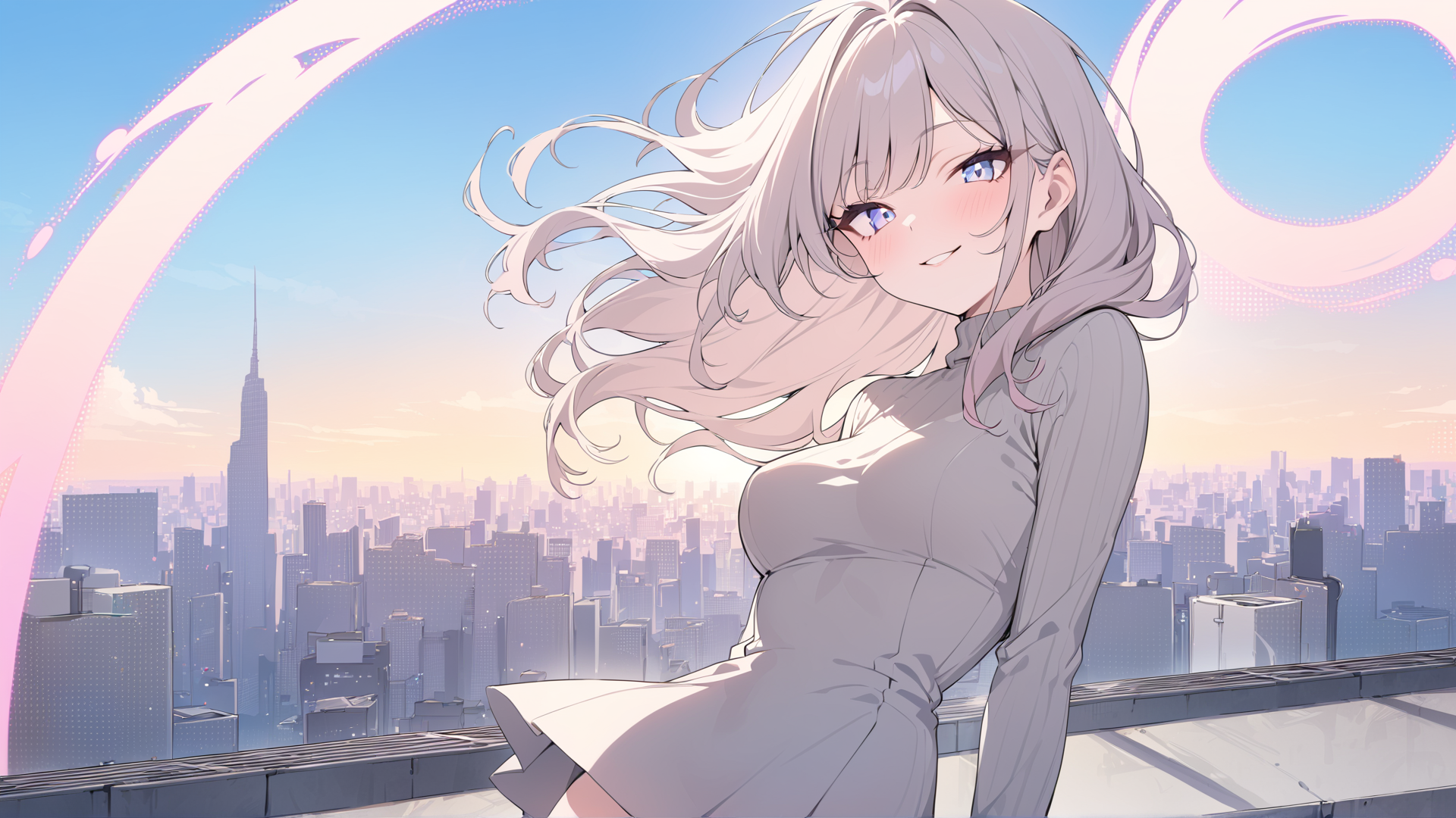 AI generated wallpaper featuring anime girl, cityscape, skyscraper