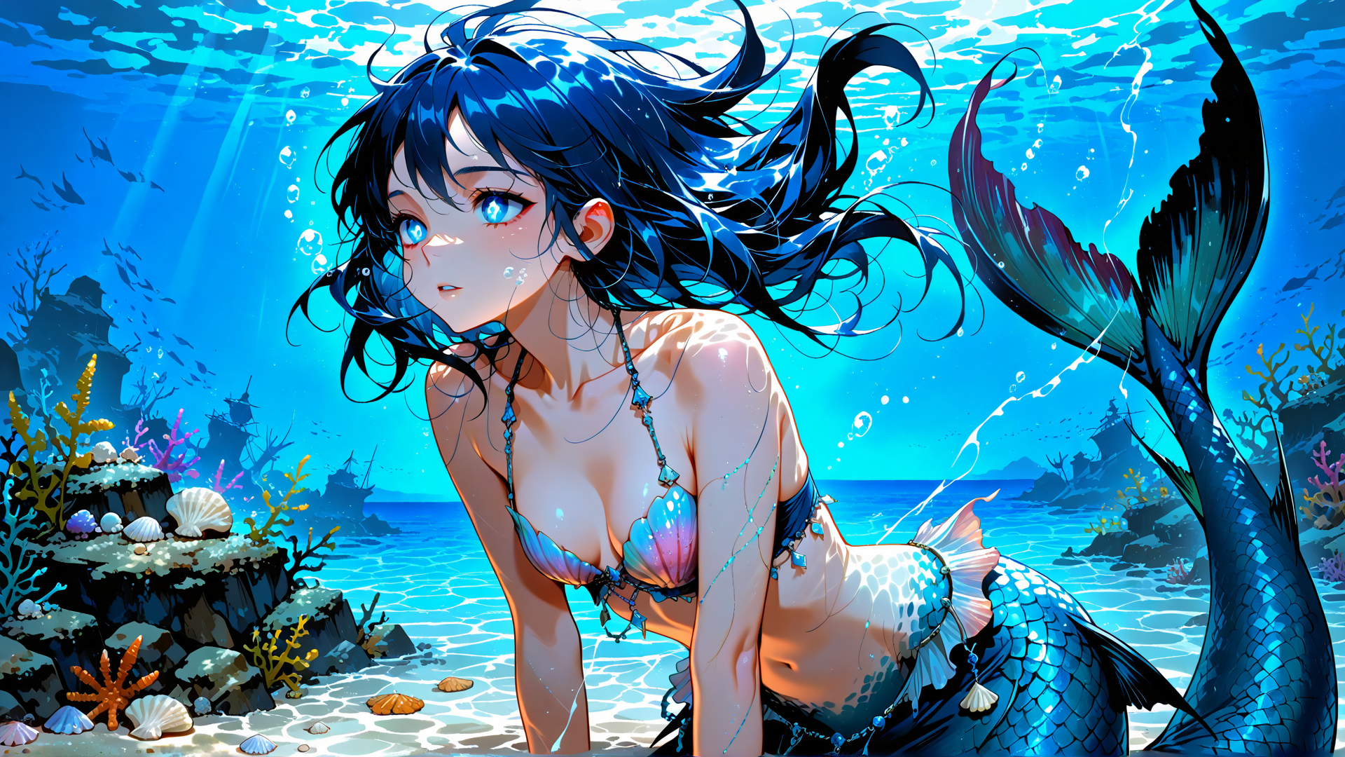 AI generated wallpaper featuring mermaid, ocean, coral, fish, seashell, sunlight, whale, water, scales, underwater